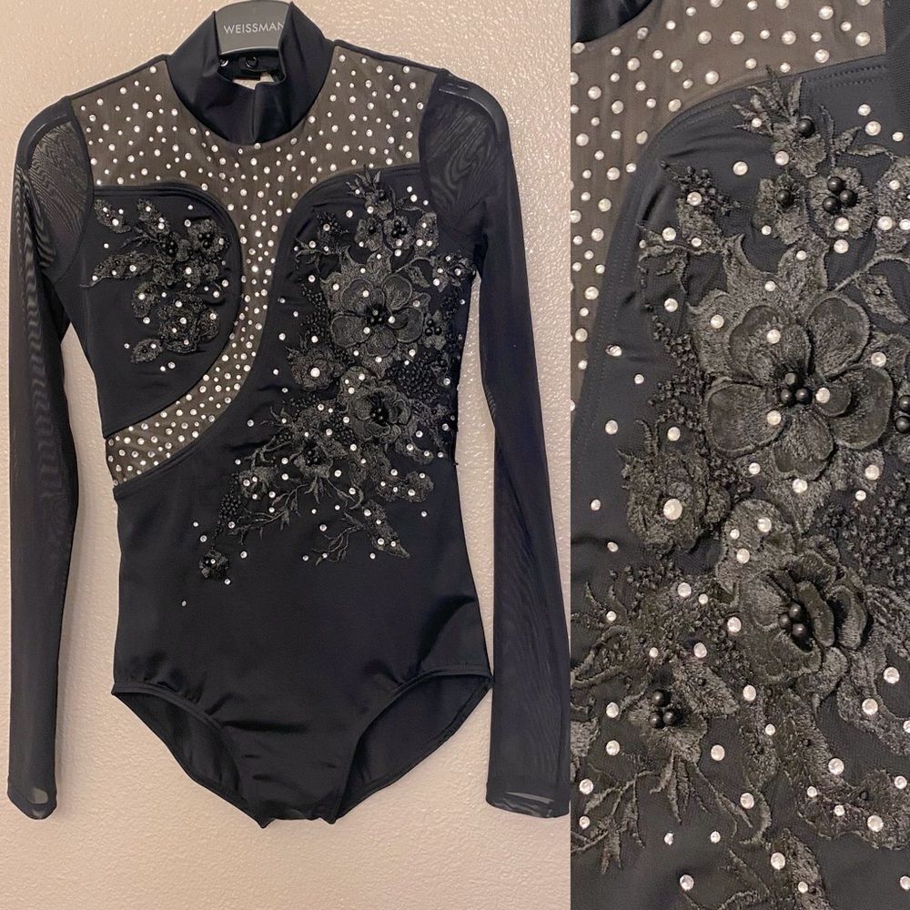 Weissman solo custom Dance costume black Long sleeve illusion Leotard 14627 LC